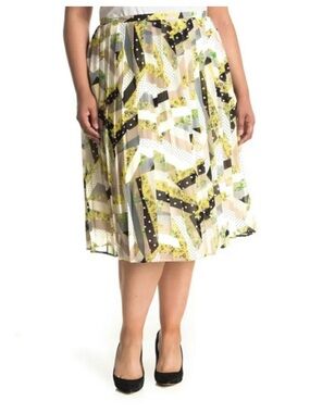 Calvin Klein Pleated Mixed Geometric Print Midi Skirt in Zest Multi